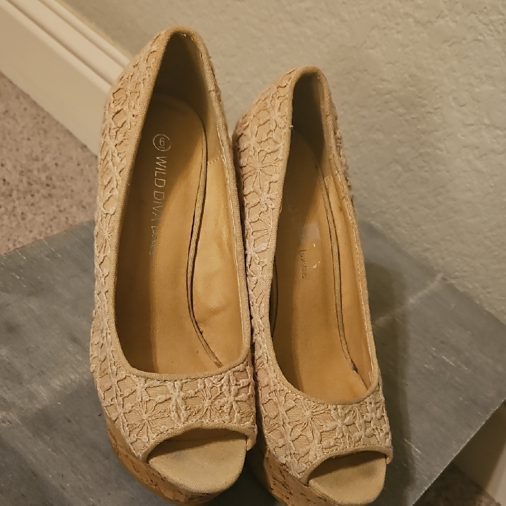Wild Diva Beige Textured Peep Toe Wedges